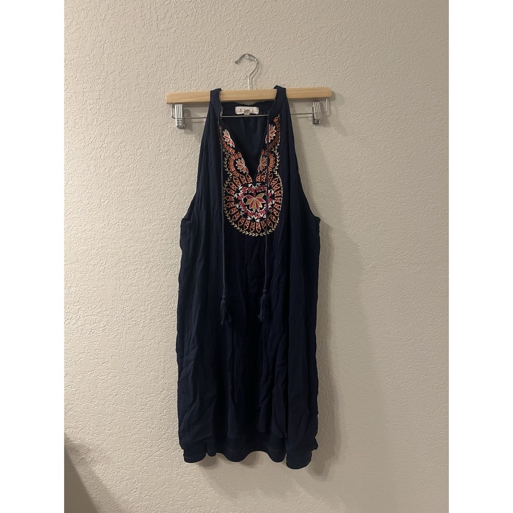 THML Navy Blue Embroidered Tassle Shift dress Women's ‎ XL Crepe Boho